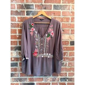 Floryday Shirt Sz XXL Gray Floral embroidery cottageCore‎ Boho